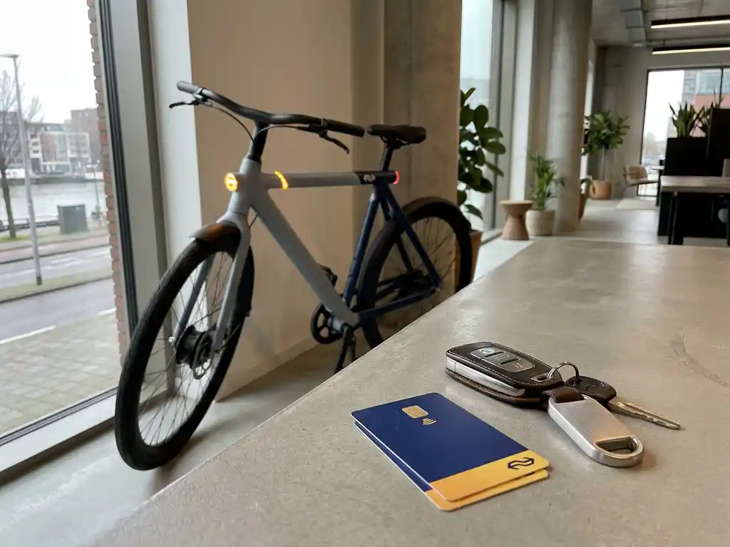Elektrische fiets en NS-treinkaart op betonnen bureau met autosleutels opzij geschoven, Rotterdam kantooromgeving op de achtergrond.