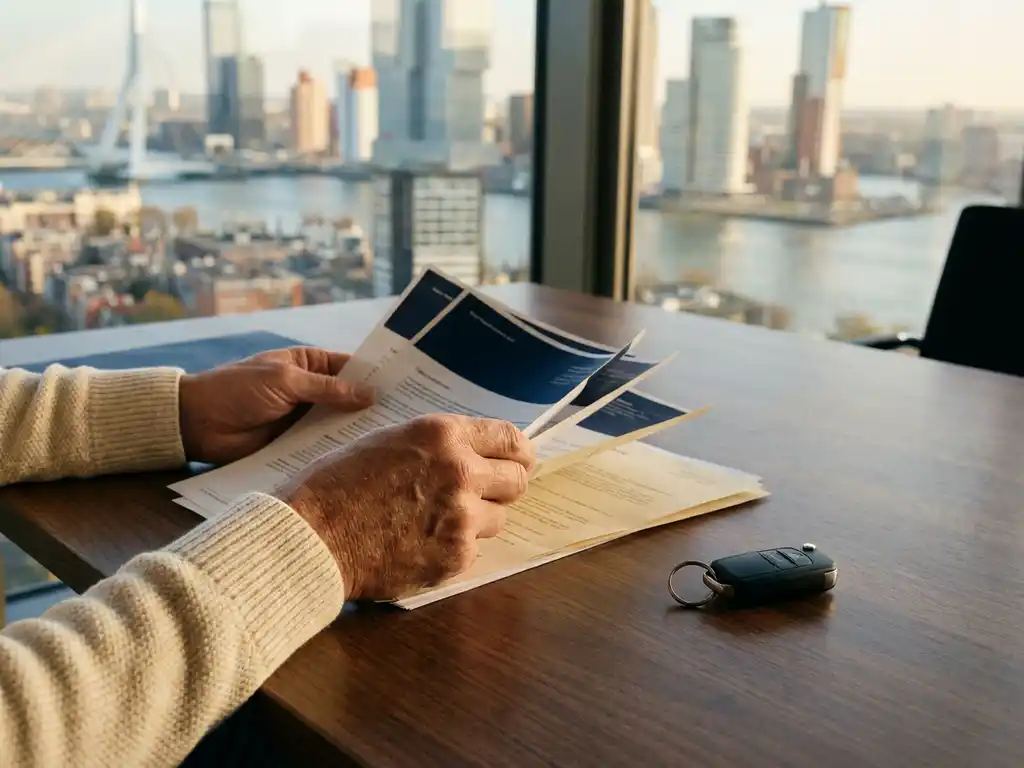 Ondernemer spreidt financiële documenten en bankafschriften uit op modern bureau naast autosleutel, Rotterdam kantoor op achtergrond.