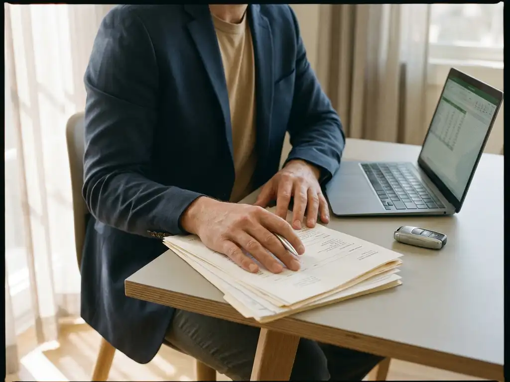 Freelancer bekijkt inkomensdocumenten naast autosleutel op minimalistisch bureau met laptop en warm natuurlijk licht.