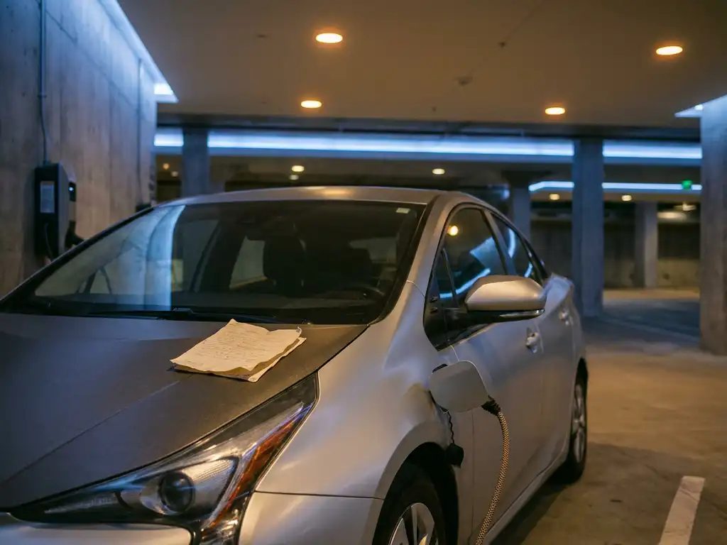 Hybride leaseauto aangesloten op laadpaal in parkeergarage met belastingdocument op de motorkap.