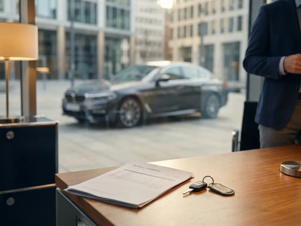 Lease-auto geparkeerd in stedelijke omgeving, met salarisadministratie en autosleutels op bureau, symbool voor fiscale verplichtingen werkgever.