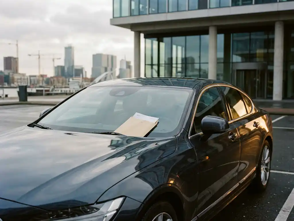Leaseauto geparkeerd bij modern kantoorgebouw in Rotterdam met loonstrook op de motorkap, stalen blauwtinten en zacht goudlicht.