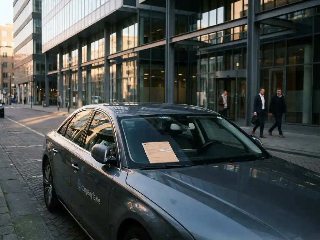 Leaseauto geparkeerd voor modern glazen kantoorgebouw in Rotterdam, met belastingdocument zichtbaar op het dashboard.