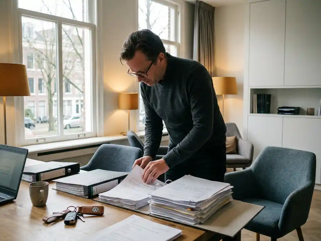 Salarisadministrateur bekijkt loonstroken op modern bureau met autosleutels ernaast, natuurlijk zijlicht, rustige kantooromgeving.
