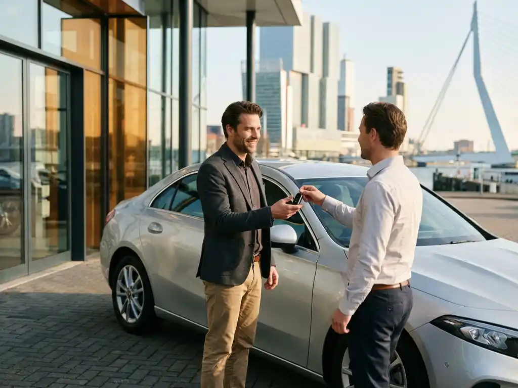 Zakenman ontvangt autosleutels van nieuwe zilveren sedan bij modern autodealerbedrijf in Rotterdam.