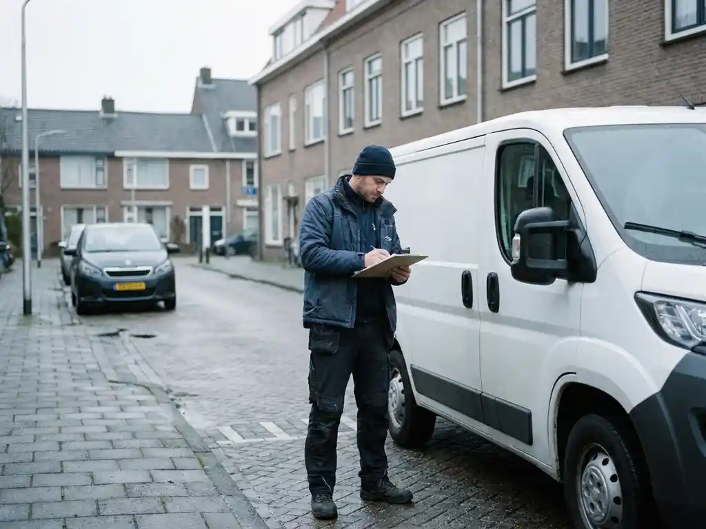 Ondernemer in werkkleding bekijkt papieren op klembord naast witte bestelbus op straat in Rotterdam.