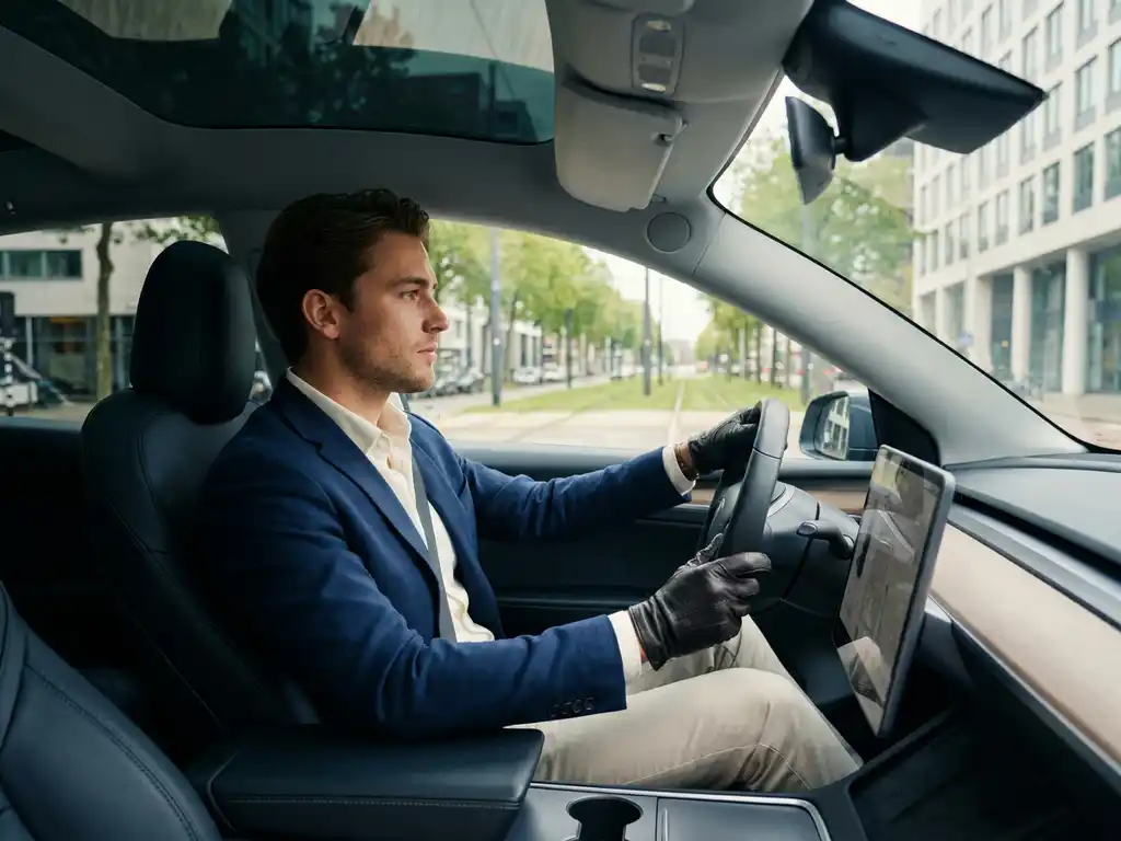 Jonge ondernemer achter het stuur van een moderne leaseauto op een stedelijke straat in Rotterdam, vastberaden vooruitkijkend.