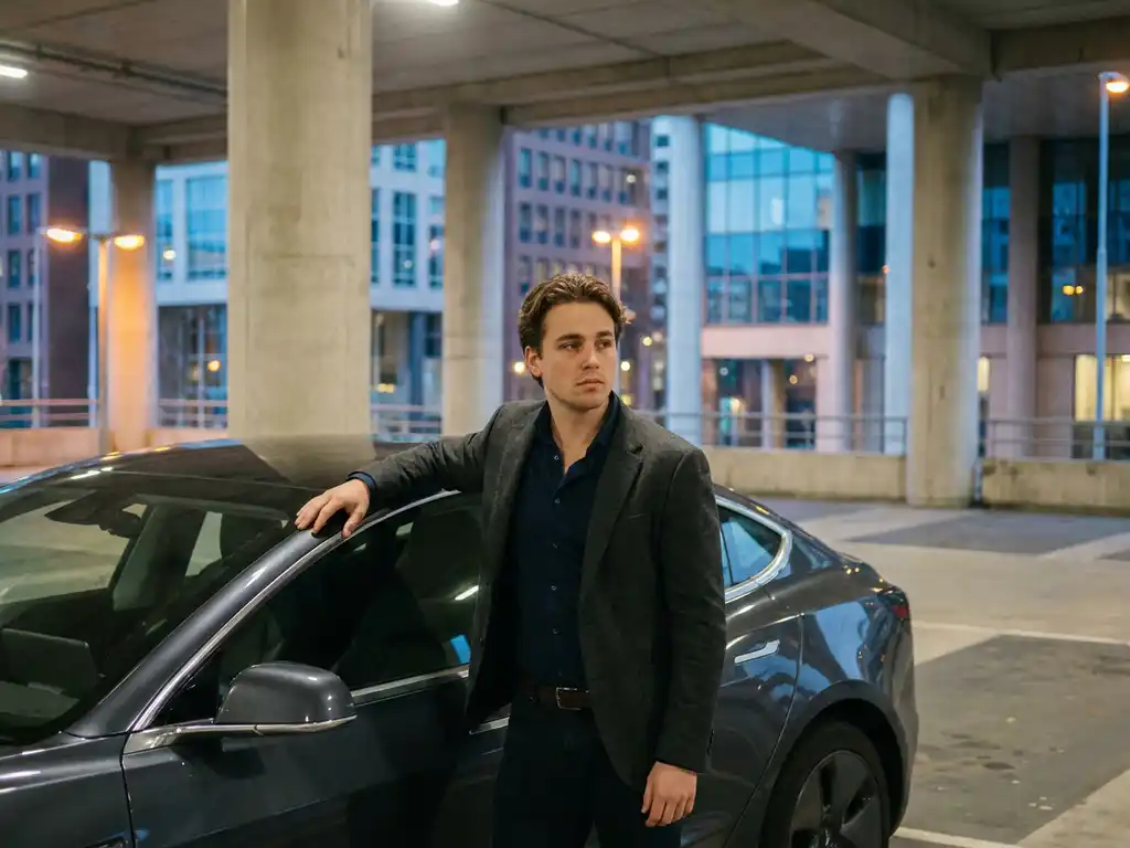 Jonge ondernemer in blazer leunt bedachtzaam op autodak in Rotterdamse parkeergarage, uitdrukking onzeker en overwegend.