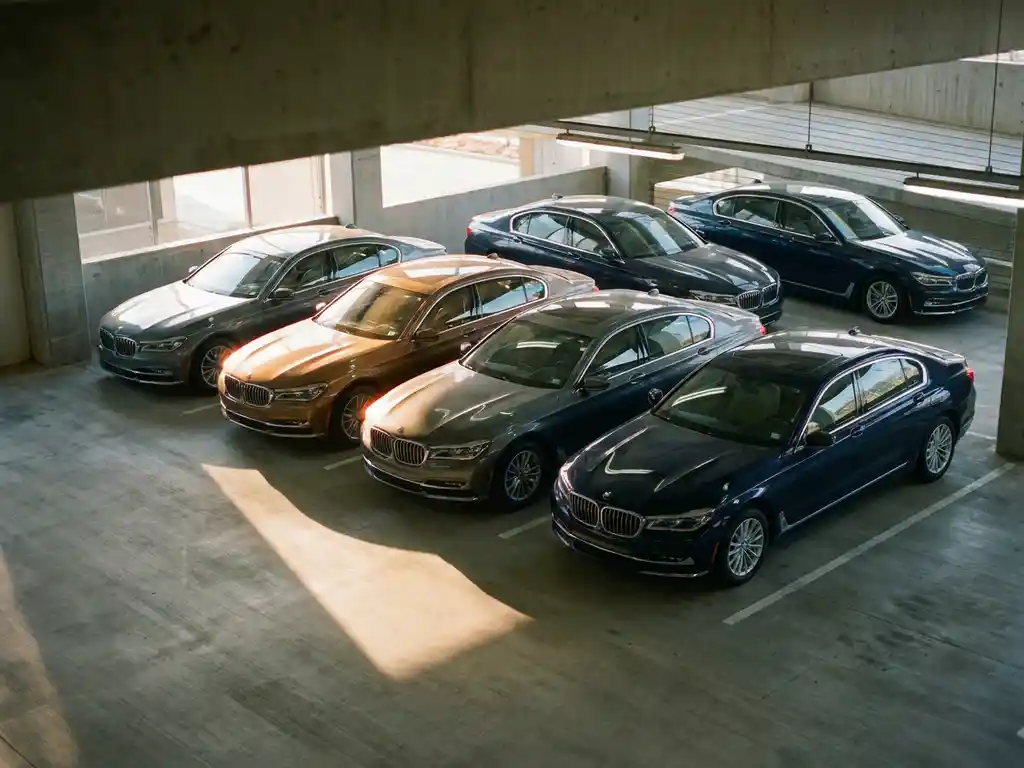 Vijf lease auto's geparkeerd in moderne parkeergarage, één voertuig uitgelicht door natuurlijk licht tussen staalgrijs en donkerblauwe modellen.