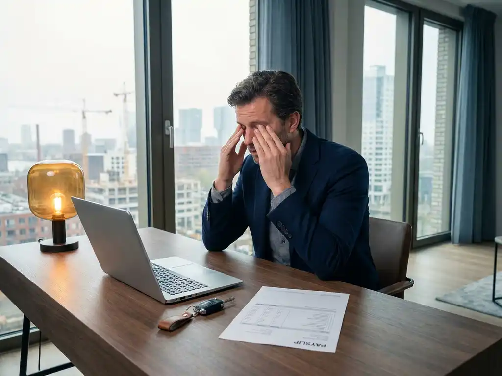 Gestresste werkgever aan modern bureau met autosleutel en loonstrook naast laptop, Rotterdam skyline op achtergrond.