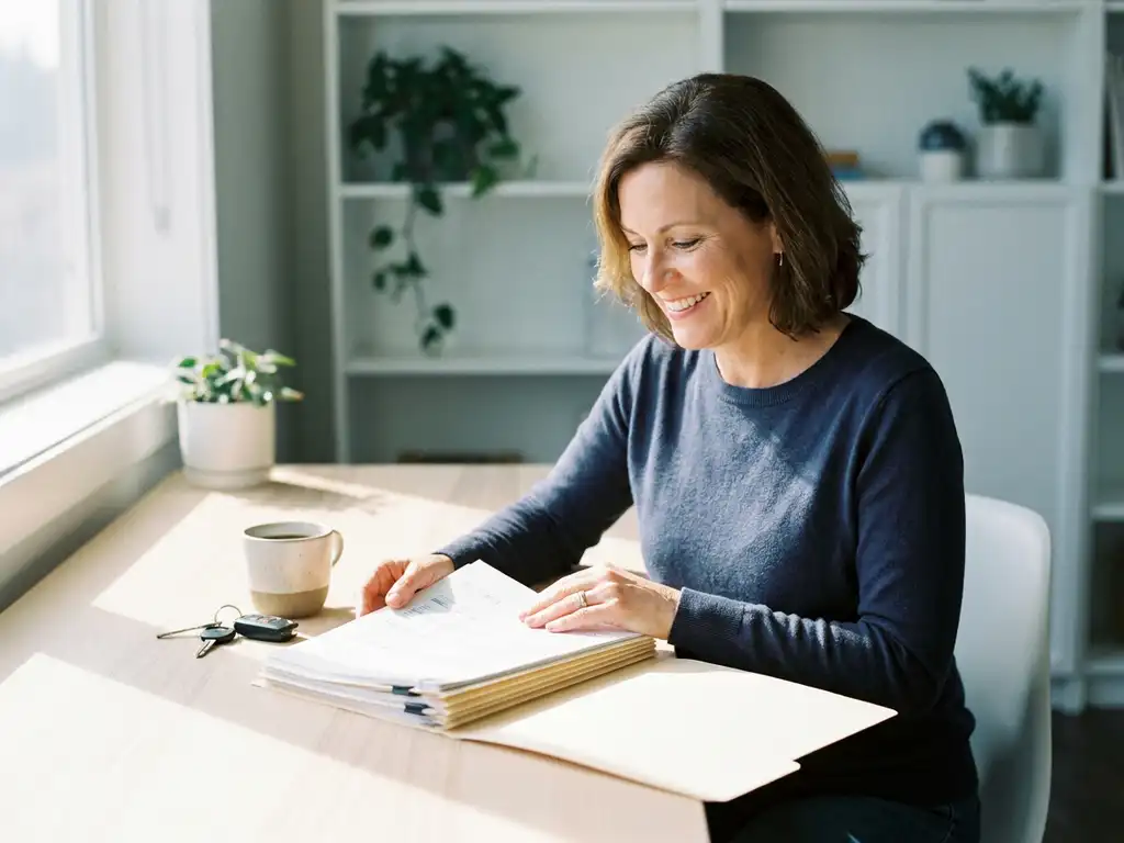 Ondernemer bekijkt financiële documenten aan modern bureau met autosleutels en koffiekop in warm natuurlijk licht.
