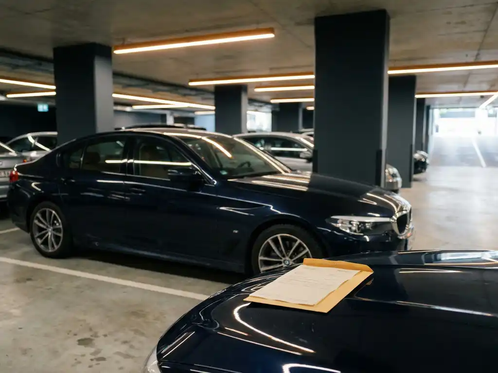 Leaseauto geparkeerd in moderne ondergrondse garage met belastingdocument op de motorkap, verlicht door warm amberkleurig licht.