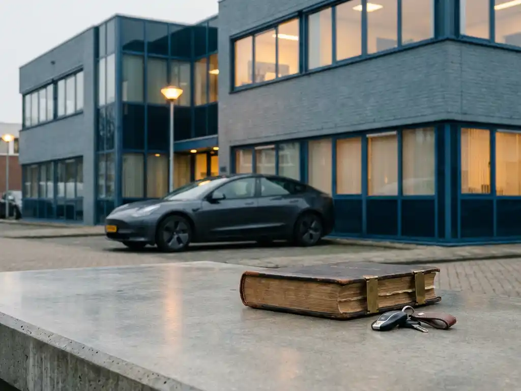 zakelijk-rijden-fiscaal-leaseauto-nederland.jpg Leaseauto geparkeerd bij Nederlands kantoorgebouw met financieel kasboek en autosleutels op betonnen ondergrond.