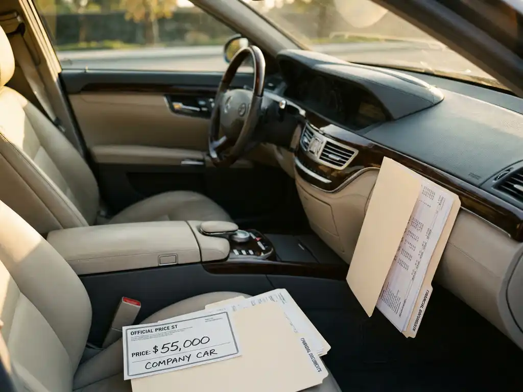 Officiële prijssticker op het dashboard van een moderne sedan, naast een map met financiële documenten, warm crème leren interieur in middaglicht.