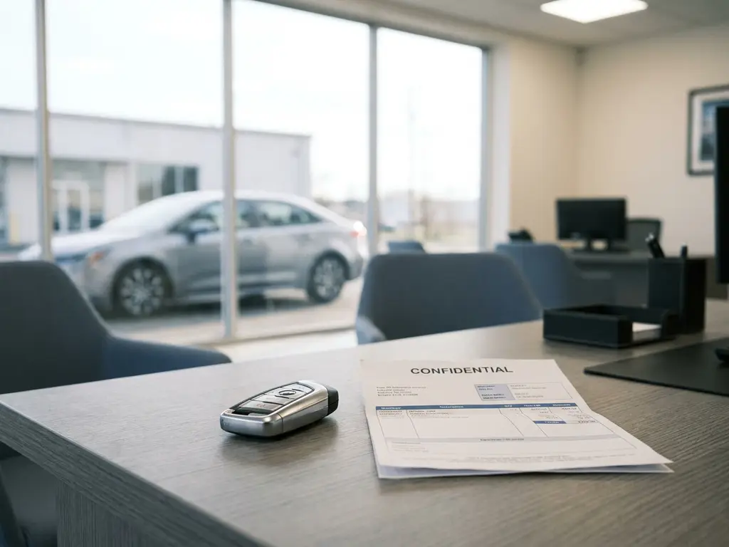 BedrijfsautoSleutel en loonstrook op kantoorbureau, met zilveren sedan zichtbaar door raam op de achtergrond.