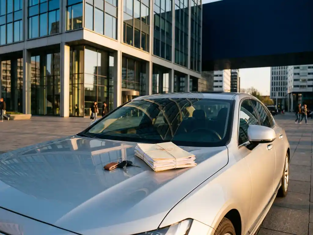 Zilveren sedan geparkeerd bij glazen kantoorgebouw in Rotterdam, met autosleutels en zakelijke documenten op de motorkap.