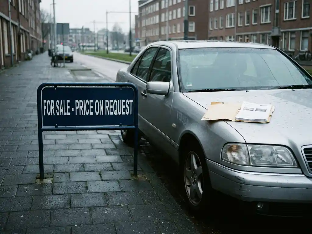 Zakelijke auto te koop op Rotterdamse straat met financiële documenten op de motorkap en een prijsbord ernaast.