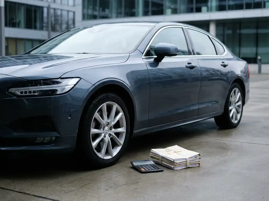 Glanzende executive leaseauto naast belastingdocumenten en rekenmachine op betonnen ondergrond, zakelijke sfeer.